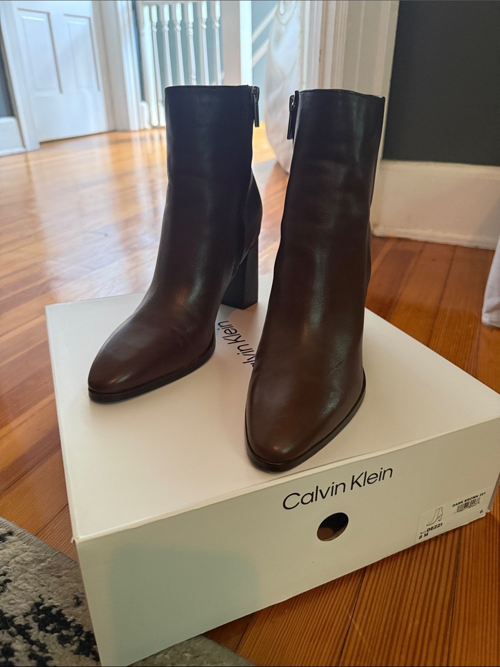 Calvin Klein Dark Brown Leather Block Heel Ankle Boots